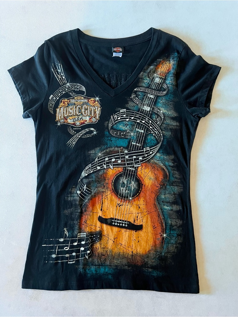 Nashville Boswell’s Harley-Davidson Music City V Neck Tee Black Rhinestones L